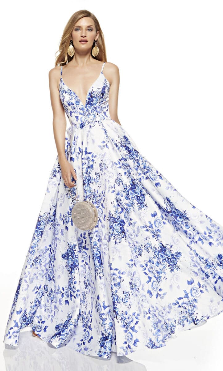 Suknia balowa w niebieski print